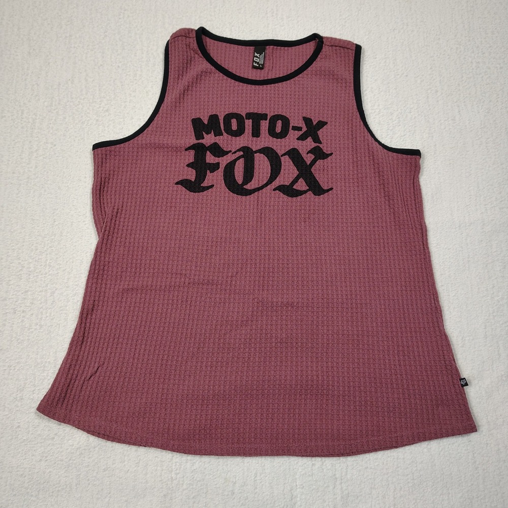 Vintage Y2K Fox Racing Moto-X Waffle Knit Tank Top Dusty Rose Pink Ringer Large